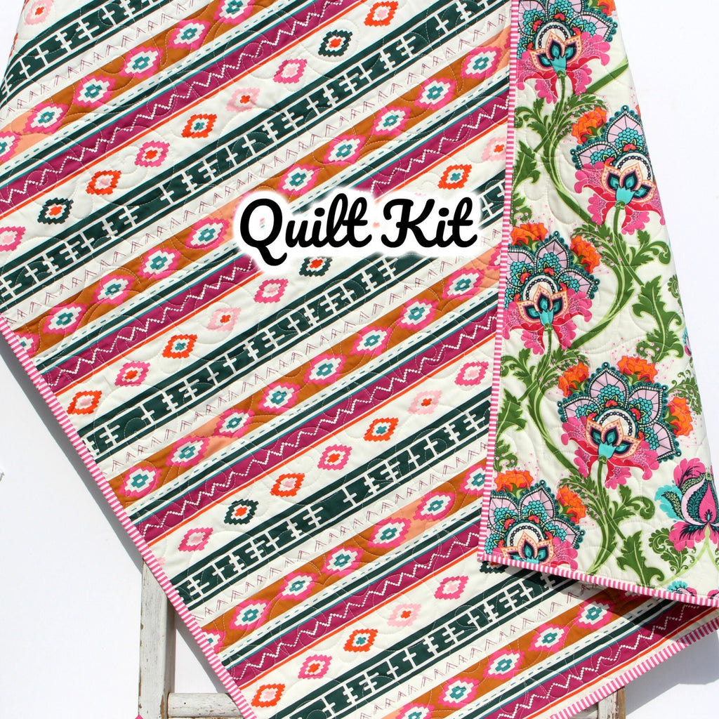 Baby Quilt Kit, Tribal Baby Bedding Blanket Project, Artisan Bound Art Gallery Fabrics, Pink Aqua Blue Stripe, Wholecloth Panel Cheater