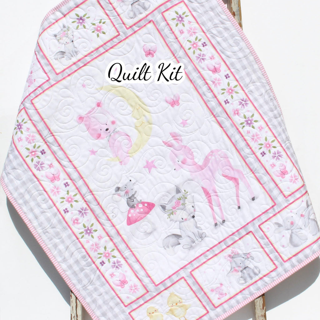 Baby Quilt Kit for Baby Girl Woodland Animals Newborn Sewing Project Pink Grey Gray Yellow Floral Daisies Quilting Bundle of Fabrics to Sew
