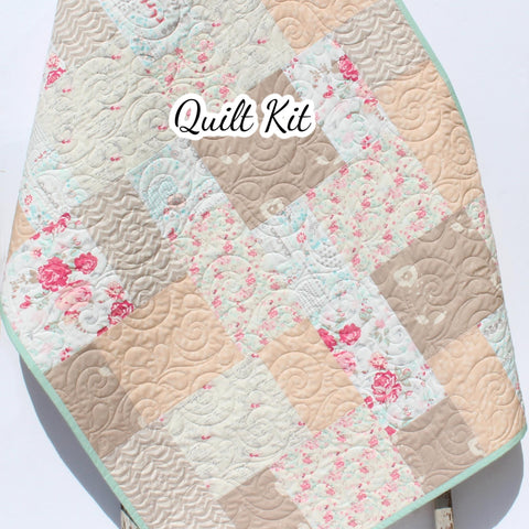 Farmhouse Chic DIY quilt kit featuring big block pattern with vintage rose florals in blush, taupe, and mint—ideal for baby, throw, or twin sizes.