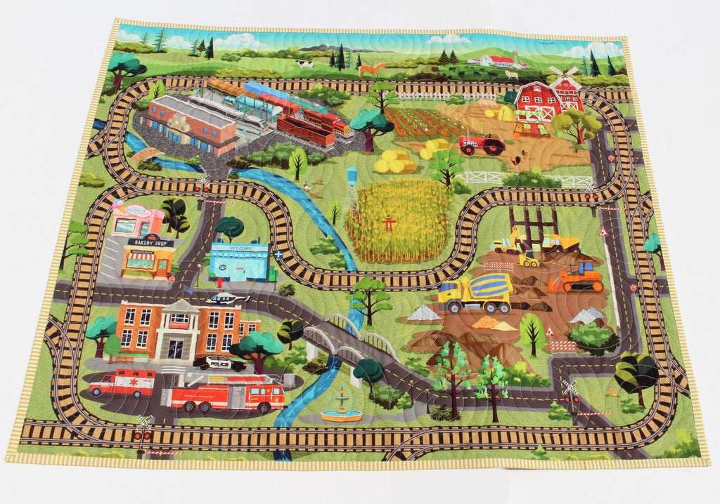 Handmade Quilt Play Mat – Train Town Activity Blanket – Car Road Map Baby Playmat – Toddler Floor Quilt Farm & City Adventure