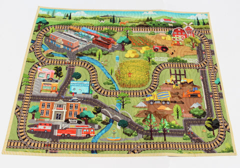 Handmade Quilt Play Mat – Train Town Activity Blanket – Car Road Map Baby Playmat – Toddler Floor Quilt Farm & City Adventure