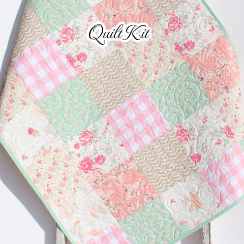Quilt Kit Floral Nursery Crib Blanket DIY Do It Yourself Project Art Gallery Fabrics Twin Throw Coral Pink Cherry Blossom Plaid Mint Newborn