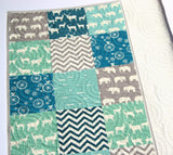 Kristin Blandford Designs Baby Quilt Kit Organic Quilt Kit, Animal Boy Blanket, Baby Sewing Project Crib Bedding Quilting Sewing Toddler Blues Grey Deer Elephants Chevron Gift