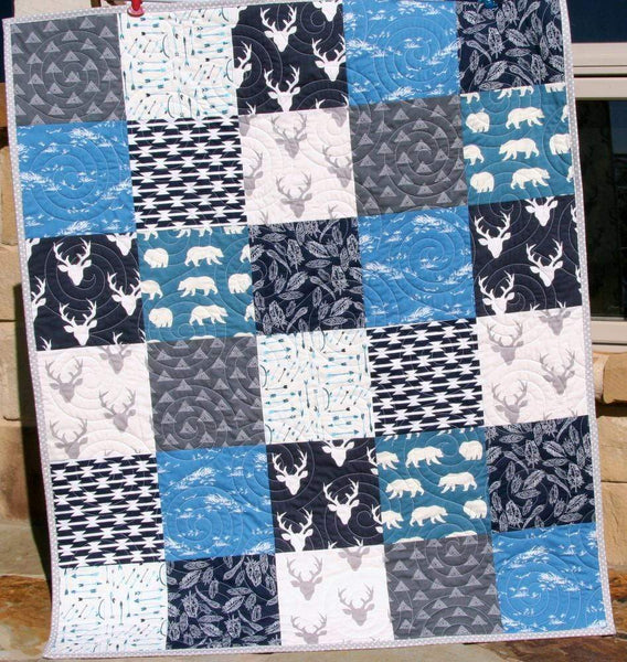 Woodland Boy Quilt Kit, Navy Blue Nursery Bedding, Arrows Deer Buck Az