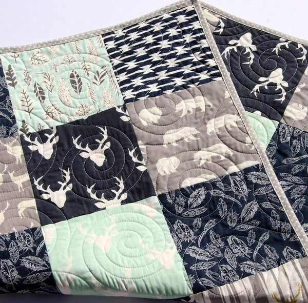 Quilt, Woodland Mint Green Navy Blue, Baby Boy Toddler, Nursery Bedding,  Deer Buck