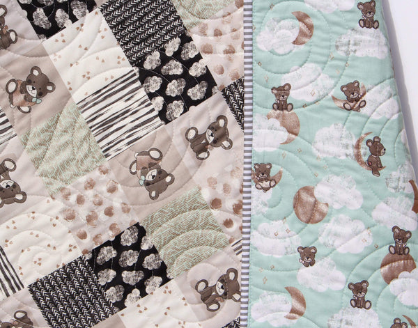 Teddy Bear Quilt Baby Boy Handmade Newborn Blanket Mint Grey Gray Patchwork Nursery Bedding Clouds Moon Sleep Tight Gold Pink Homemade Child