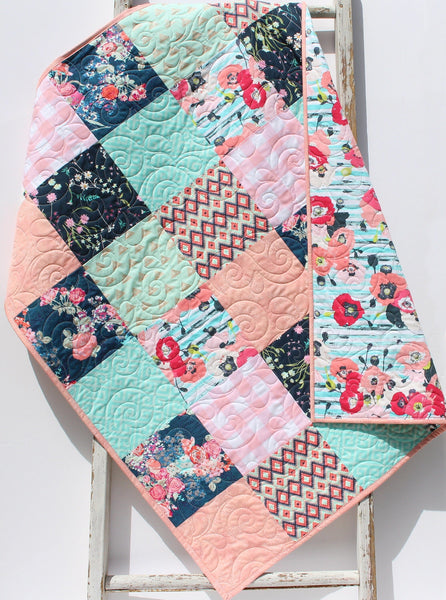 Floral Baby Girl Quilt, Newborn Blanket, Navy Coral Pink Aqua Bedding,