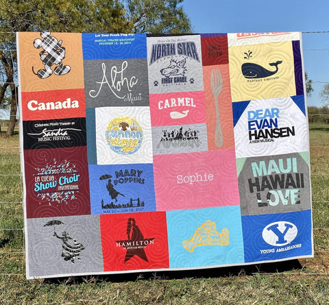 Keepsake quilt made from memorial T-shirts and personal clothing