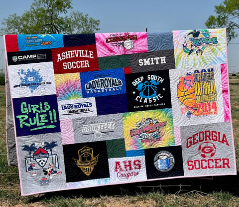 Custom memory quilt featuring assorted T-shirts