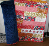 Fall Throw Blanket, Autumn Sofa Throws, Minky Adult Blanket, Gift for Her, Floral Quilt, Navy Blue Flowers, Orange Soft Couch, Handmade Gift
