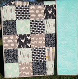 Quilt, Minky Adult Blanket, Gifts, Home Decor, Rustic, Throw Blanket, Mint, Navy Blue, Unique, Gift for Him, Deer Minky Quilt, Woodland Boy