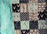 Quilt, Minky Adult Blanket, Gifts, Home Decor, Rustic, Throw Blanket, Mint, Navy Blue, Unique, Gift for Him, Deer Minky Quilt, Woodland Boy