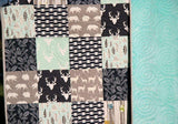 Quilt, Minky Adult Blanket, Gifts, Home Decor, Rustic, Throw Blanket, Mint, Navy Blue, Unique, Gift for Him, Deer Minky Quilt, Woodland Boy