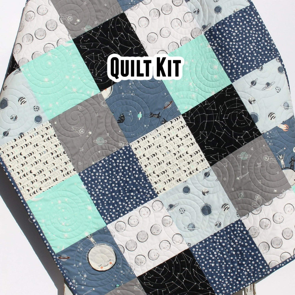 Kristin Blandford Designs Throw to Twin Quilt Kits Space Quilt Kit, Baby Toddler Throw Twin Size, Stargazer Planets Moons Stars Galaxy Navy Blue Aqua Grey Gray Black Patchwork Boy Child