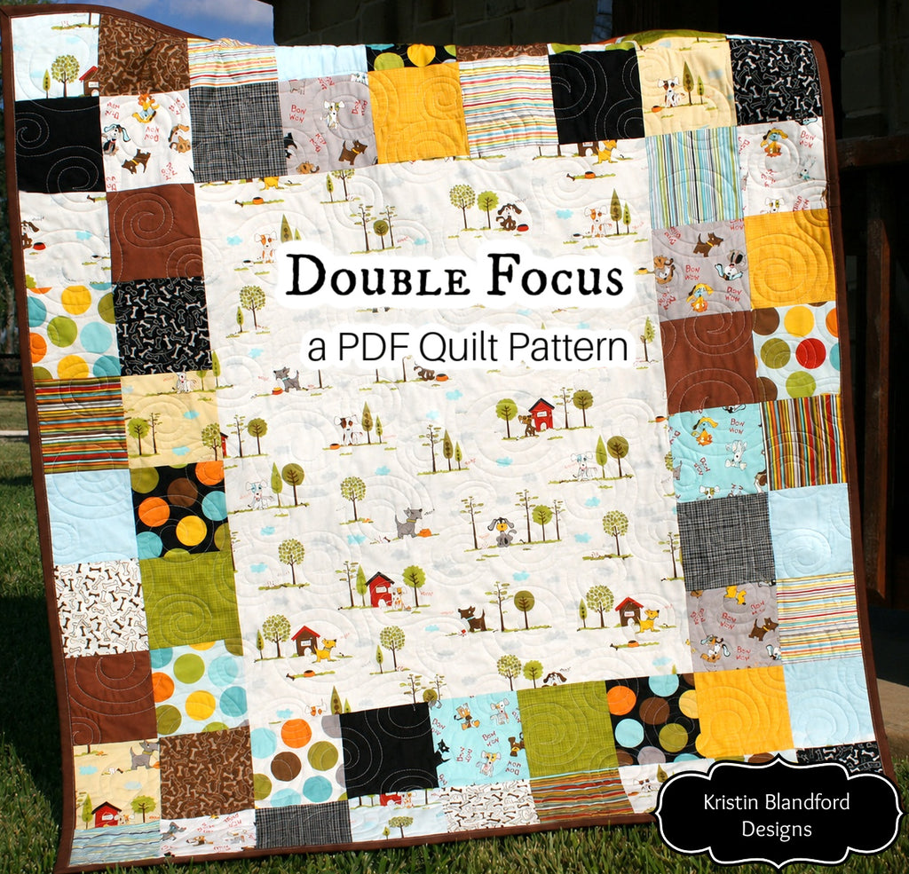 Double Focus quilt pattern PDF by Kristin Blandford Designs featuring a modern baby quilt layout designed to showcase large focal fabrics alongside charm pack squares for a bold, playful, and beginner-friendly patchwork quilt.