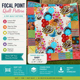 Modern floral baby quilt pattern advertisement with bold center focal print, charm pack border design, instant digital download details, and beginner-friendly quilt construction for handmade nursery quilts and baby shower gifts.