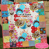 Modern quilt pattern listing image showcasing the Focal Point baby quilt made with charm pack squares and oversized floral fabric panels, including beginner-friendly features, instant PDF download, and finished quilt size information.