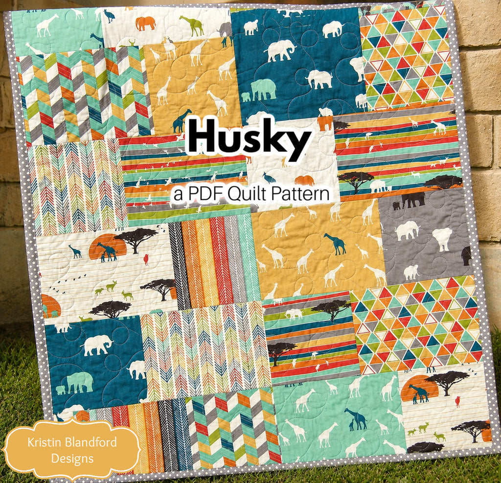 Easy beginner quilt pattern for sewing modern baby quilts and large bed quilts using fat quarters or fat eighths, with oversized patchwork blocks that highlight colorful fabric collections and make quilting fast, fun, and visually striking.