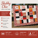 Shabby Chic quilt pattern featuring soft floral patchwork fabrics in warm red, blush, cream, and black tones with a vintage-inspired quilt layout.