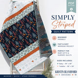 Modern striped baby quilt pattern featuring soft floral fabrics, vintage-inspired prints, and coordinating pastel patchwork strips in a beginner-friendly PDF quilt pattern design perfect for nursery décor and handmade baby gifts.