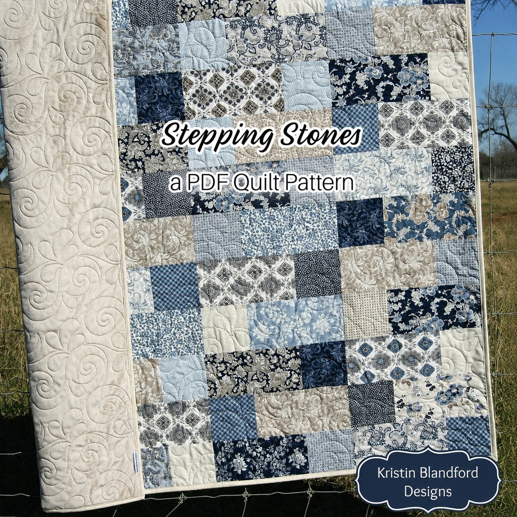 Stepping Stones quilt pattern PDF by Kristin Blandford Designs featuring a modern geometric patchwork quilt layout with layered square blocks and beginner-friendly quilt construction designed for baby quilts, throw quilts, nursery décor, and cozy handmade home décor projects using layer cake precut fabrics and 10 inch fabric squares.