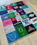 Clothing memory quilt with school theatre and play shirt blocks