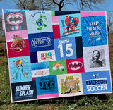 Custom-designed memory quilt featuring college and travel shirts