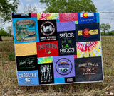Quilt made from shirts with logos preserved in layout