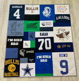Quilt made from clothing blocks featuring team and event logos