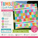 Colorful Tumbled quilt pattern by Kristin Blandford Designs featuring a modern tumbling block style layout made with bright charm pack fabrics in pink, aqua, orange, lime green, yellow, and purple. This beginner friendly PDF quilt pattern includes instructions for baby and lap throw quilt sizes and is perfect for charm squares, pre cut fabrics, nursery quilts, scrap quilting, and quick weekend sewing projects.