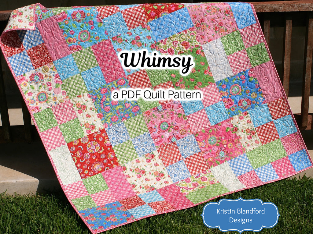 Whimsy Quilt Pattern by Kristin Blandford Designs featuring a beginner friendly patchwork quilt layout designed for layer cakes and 10 inch pre cut fabric squares. This modern PDF quilt pattern creates beautiful baby quilts and throw quilts with easy piecing and a timeless patchwork design perfect for beginners and experienced quilters alike.