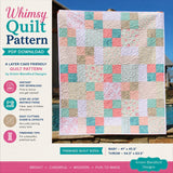 Bestselling PDF quilt pattern for layer cakes and pre cut fabrics featuring a timeless patchwork layout with beginner friendly construction and modern quilt styling. The Whimsy Quilt Pattern by Kristin Blandford Designs includes easy instructions for baby quilts and throw quilts.