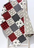 patchwork quilt kit with buffalo plaid fabrics and coordinated prints for beginner sewing project