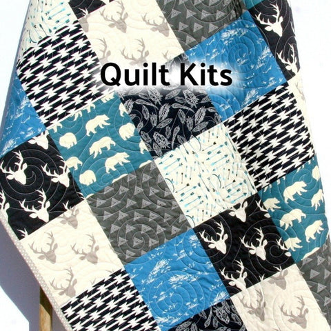 woodland deer baby quilt kit with navy blue fabrics and buck deer forest nursery quilt design