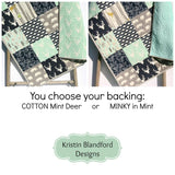 Woodland nursery baby quilt with deer bears and birds and optional minky backing in soft mint tones, handmade by Kristin Blandford Designs