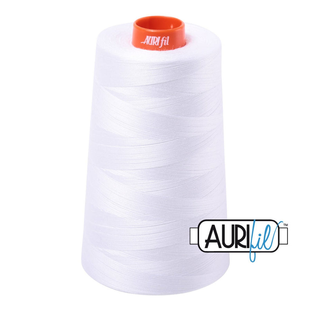 Aurifil 2024 White bright white MAKO 50wt cotton quilting thread 5900m cone for piecing, quilting, binding, sewing, machine quilting, longarm quilting, quilt kits, baby quilts, throw quilts, white fabrics, light backgrounds, bright prints, and patchwork projects from Kristin Blandford Designs.