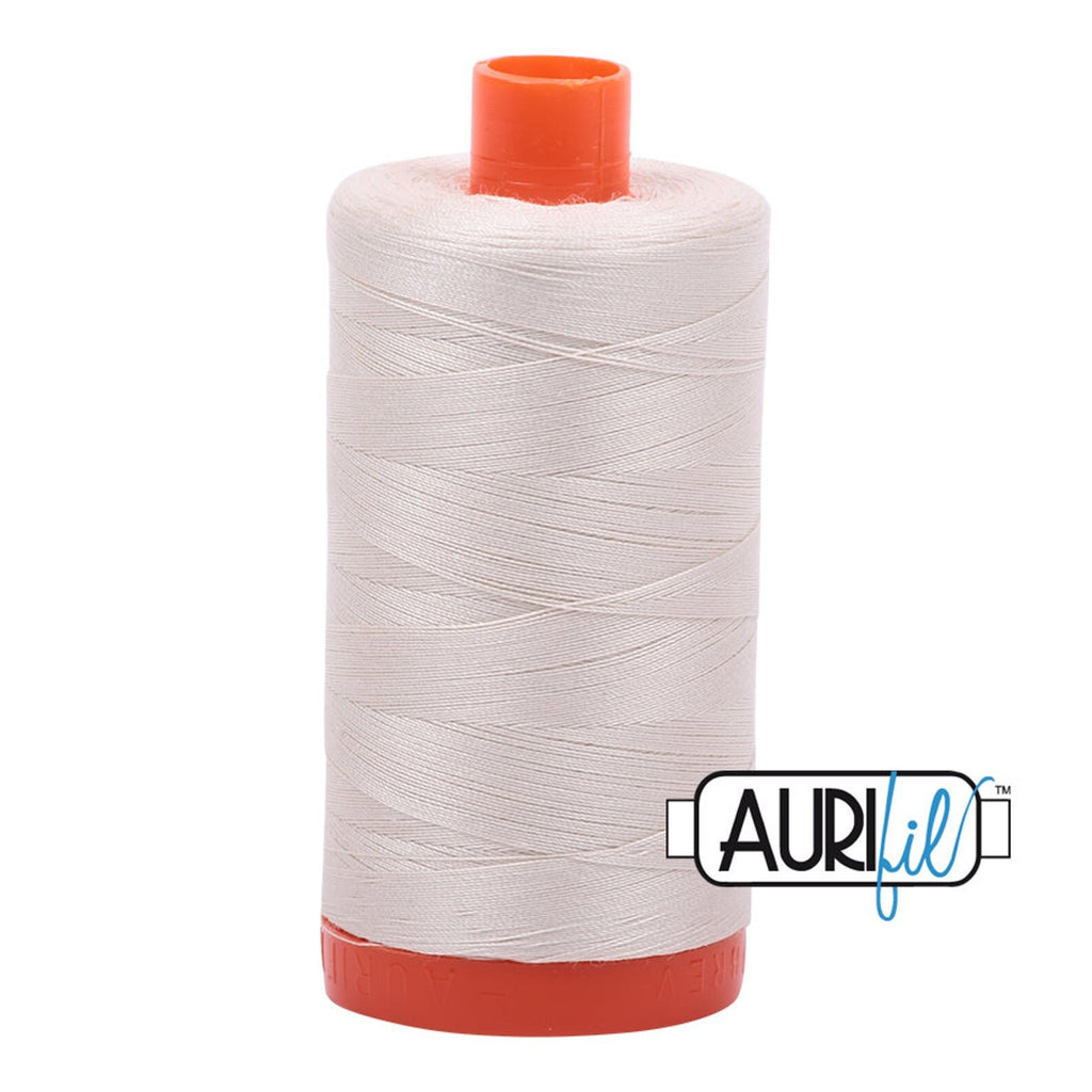 Aurifil 2309 Silver White light ivory cream MAKO 50wt cotton quilting thread 1300m spool for piecing, quilting, binding, sewing, machine quilting, quilt kits, baby quilts, throw quilts, and patchwork projects from Kristin Blandford Designs.
