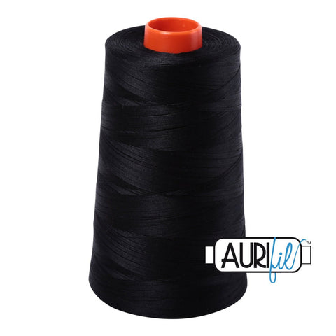 Aurifil 2692 Black MAKO 50wt cotton quilting thread 5900m cone for piecing, quilting, binding, sewing, machine quilting, longarm quilting, quilt kits, baby quilts, throw quilts, dark fabrics, bold prints, high contrast projects, and patchwork sewing projects from Kristin Blandford Designs.
