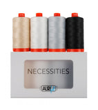 Aurifil Necessities Thread Collection with 4 large spools of 50wt cotton quilting thread in Natural White, Light Sand, Dove grey gray, and Black for piecing, quilting, binding, applique, machine quilting, quilt kits, baby quilts, throw quilts, and patchwork sewing projects from Kristin Blandford Designs.