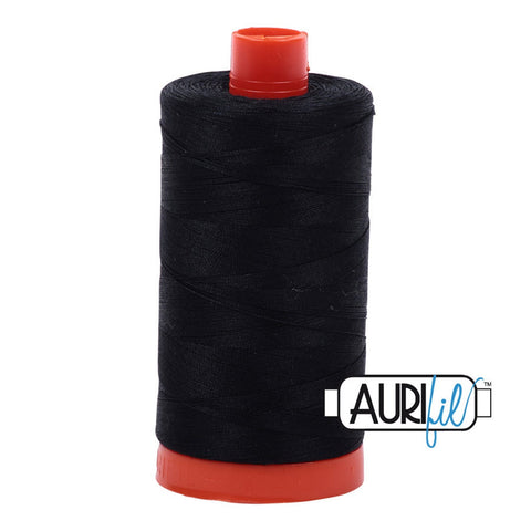 Aurifil 2692 Black neutral MAKO 50wt cotton quilting thread 1300m spool for piecing, quilting, binding, sewing, machine quilting, quilt kits, baby quilts, dark fabrics, bold prints, and patchwork projects from Kristin Blandford Designs.