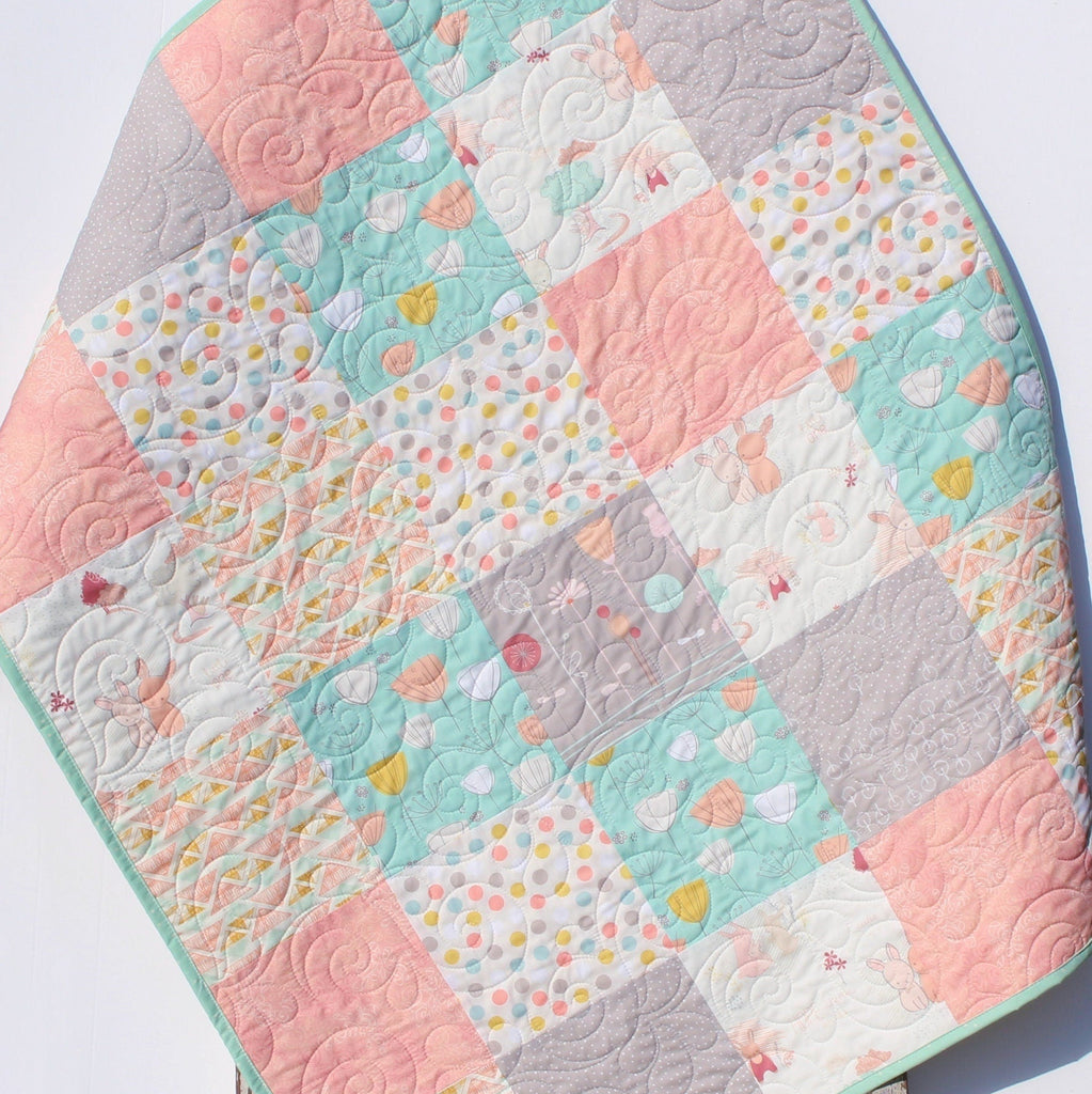 Baby Girl Quilt, Newborn Daughter Gift, Crib Bedding, New Baby Gift, Keepsake, Floral Baby Blanket, Nursery Crib Quilt Mint Gray Pink Dots