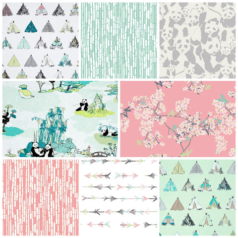 Panda Fabric Bundle Fat Quarter Half Yard and Yards Art Gallery Fabrics Pandalicious by Katarina Roccella Mint Pink White Cherry Blossom
