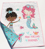 Mermaid Baby Blanket, Nautical Crib Bedding, Girls Quilt, Newborn Baby Gift, Ocean Nursery Theme, Fish Beach Aqua Blue Pink Friends Name