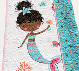 Mermaid Baby Blanket, Nautical Crib Bedding, Girls Quilt, Newborn Baby Gift, Ocean Nursery Theme, Fish Beach Aqua Blue Pink Friends Name