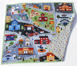 City play mat baby quilt with street layout, colorful vehicles and buildings, monogram personalization available.