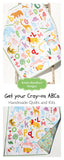 Colorful ABC animal quilt for babies personalized with name or initials, handmade keepsake blanket for nursery or early learning.