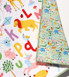 Custom animal alphabet quilt handmade with embroidered initials, colorful ABC design, perfect for nursery bedding or décor.