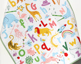 Custom animal alphabet quilt handmade with embroidered initials, colorful ABC design, perfect for nursery bedding or décor.
