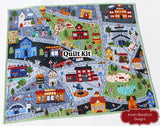 City Streets playmat quilt kit featuring fire station, school, gas station, vehicles, panel top, backing options and binding.