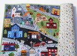 Handmade cotton play mat blanket with city scene focus, soft batting, sewn edges, optional name embroidery.